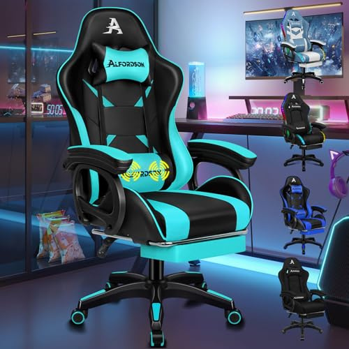 ALFORDSON Massage Gaming Stuhl Gaming-Stühle, ergonomischer Bürostuhl einziehbar Fußstütze, Schreibtischstuhl bis 180 kg, 360° Drehstuhl Rückenlehne 90-150° neigbar, Computerstuhl, PU-Leder, Cyan