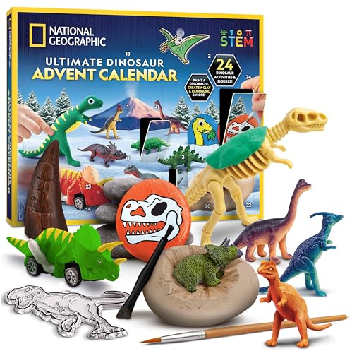 NATIONAL GEOGRAPHIC 2026 Dinosaur Advent Calendar - Countdown Calendar with 24 Dino Activities & Figures, Paint A Dinosaur Racer, Create a Clay T. Rex, Excavate a Dino Tooth Replica & More
