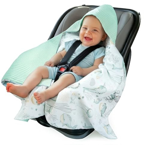 Medi Partners Einschlagdecke Baby Babyschale 100% Baumwolle für Sommer 85x85cm Kinderwagen Kuscheldecke universal Baby Decke Einschlagdecken Babydecke Buggy Autositz(‎Ozean mit Minzer Waffel)