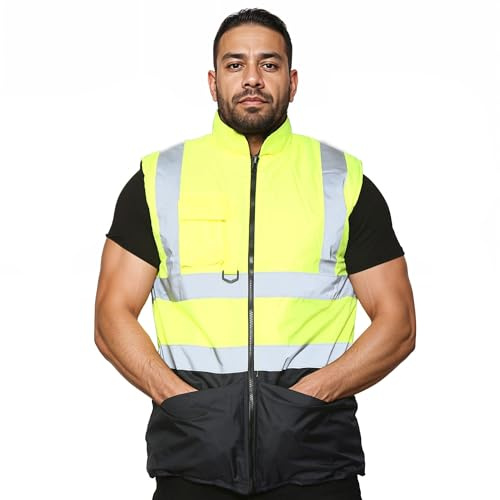 NEO Mens Hi Vis Body Warmer, High Visibility Fleece Lined Reversible Workwear Safety Security, Waterproof Hi Vis Vest Warm Gilet Waistcoat Bodywarmer