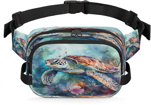 Mexpekil Bauchtasche, große Schildkröte, Blume, Aquarell, Zwei-Wege-Reißverschluss, Gürteltasche, wasserabweisend, Hüfttasche, Crossbody-Tasche mit verstellbarem Riemen, Schwarz