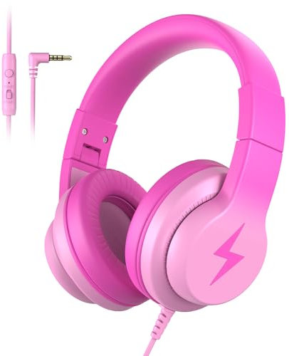 Candy Bila Kids Headphones, Wired Headphones for Kids Over Ear with Microphone, 85/94dB Volume Limiter Headphone for Girls Boys, Foldable Headphone for Learning & Entertainment, Gradient Deep Pink