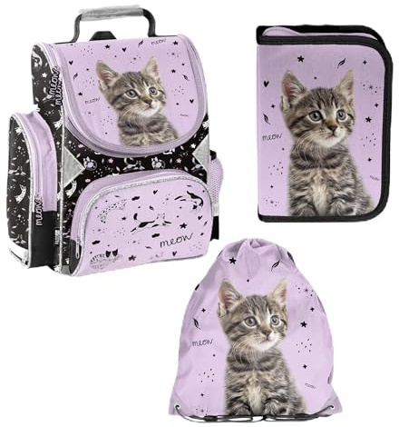 PASO- Schulranzen für Jungen und Mädchen, 4er-Set - Schul-Rucksack für Kinder mit Federmäppchen - Schuhbeutel und Hausaufgabenheft - Katze Motiv- 1-3 Klasse