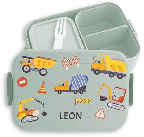 Kinder Bento Box Midi für Mepal Bentobox - Brotbox Bagger mit Name Lunchbox Baustelle Jausenbox Baustellenfahrzeuge I Kipplaster I Betonmischer - 900 ml - Sage Grün - brotdose fahrzeuge