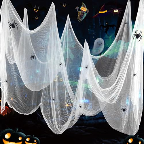 Wzone Halloween Deco Tul Blanco 215x600cm con 12 Decoraciones araña, Tela Espeluznante para casa embrujada, jardín, árboles, decoración Fiesta Halloween Interior Exterior