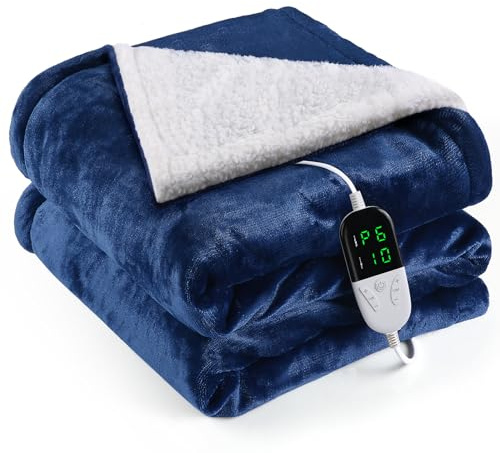 OneAmg Couverture Chauffante Flanelle 133x155cm, Plaid Chauffant avec 6 Niveaux de Dhaleur, Minuterie 10H, Chaleur Rapide, Protection Contre la Surchauffe, Affichage LED, Lavable en Machine(Bleu)