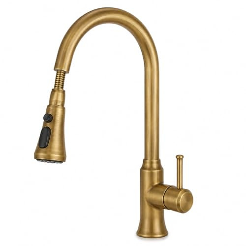 Antique Brass Pull Out Kitchen Faucet with 360° Swivel Spout, Vintage Style Mixer Tap for Sink, Classic Golden Bronze Finish