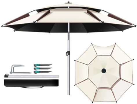 Ombrellone da spiaggia portatile, 220 cm, antivento e protezione UV, per pesca all'aperto, leggero, da giardino, per campeggio e viaggi, colore beige, design durevole da 2,1 m