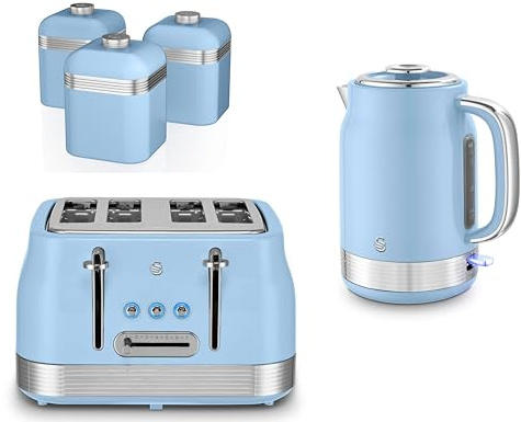 Swan Retro Revive Blue 1.7L 3KW Jug Kettle, 4 Slice Toaster and Retro Canisters. Matching Retro Kitchen Set in Blue with Chrome Accents