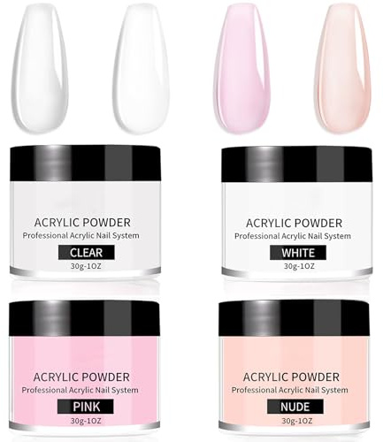 Acrylic Powder Set - 4 * 30g Acrylic Nail Powder - Clear White Nude Pink acrylic powder for Nails Extension, Nail Carving, French Manicure Nail Art - Long Lasting for 21+ Days, No Need UV Lamp