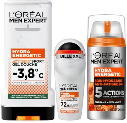 L'Oréal Paris Men Expert Hydra Energetic Kit Anti-Fatigue 100ml 300ml 50ml | Guarana Vitamine C, Combat 5 signes fatigue, Protection 72h odeurs, Gel-crème ultra léger, Testé sportifs