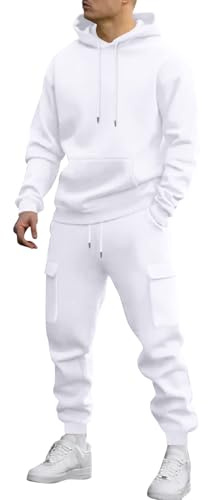 Tuta Uomo Completa - Tuta Da Ginnastica Uomo Casual Running Maniche Lunghe Tute Abbigliamento Elasticizzati Felpa Da Lavoro Sportive Slim Fit Palestra Invernale Con Cappuccio Streetwear Bianco S