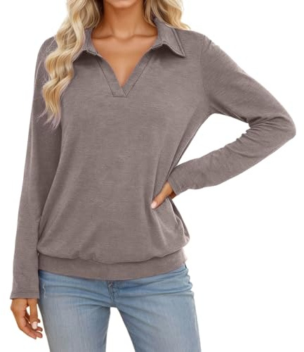 Jersey para mujer, monocolor, cuello de pico, parte superior, manga larga, suave, cómoda, elástica, tiempo libre, manga larga, informal, jersey transpirable, para otoño e invierno