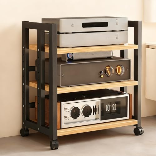 Meuble Chaine HiFi Support Stéréo Angle Mobile 3 Étagères, Rack Média Robust avec Plateau Bois Réglable, Organisateur Audio Économiseur d'Espace Meubles pour Audio/vidéo(116cm/45.7in)