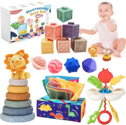 Almaxi 5 in 1 Baby Spielzeug ab 6 Monate, Montessori Spielzeug ab 6 9 12 Monate, Stapelturm, Blöcken,Tissue Box Baby,Quetsch Bälle Sensorisches,babyspielzeug ab 6 Monate, Geschenk Baby