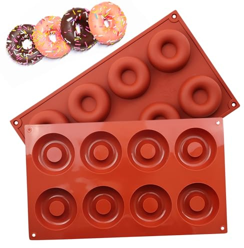 Lot de 2 Moules à Donuts en Silicone 8 Cavités,Antiadhésifs et Réutilisables,Compatibles Four (230°C) et Lave-Vaisselle,Idéaux pour Donuts, Muffins, Cupcakes, Bagels et Pâtisseries DIY,Sans BPA