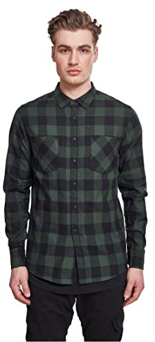 URBAN CLASSICS Camicia in Flanella a Maniche Lunghe da Uomo, Camicia Casual Lunga con Bottoni per Uomo, Vestibilità Regolare, Cotone Flanella, Colore: Nero/Verde, Taglia: 3XL