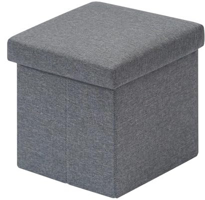Bonlife Grey Small Ottoman Storage Box with Lid,Foot Rest Stool with Storage,Linen Toy Chest Box,Folding Footstool Cube Seat for Living Room 11.8