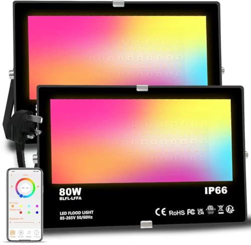 Flood Lights Outdoor With Alexa, Smart LED Floodlight Colour Changing 800W Equivalent 8000LM, Bluetooth APP Control, Warm White+1600 Million RGB Colours,No WiFi No Hub,IP66 Waterproof UK 3-Plug,2 Pack