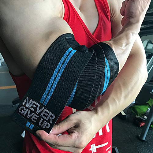 HYFAN Professionelle Ellenbogenbandage, elastische Riemen, Stützschutz für Gewichtheben, Workout, Bodybuilding, Fitness (Doppelstreifen, blau)