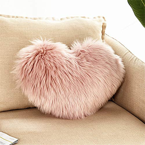 GLITZFAS Herzkissen Faux Lammfell Schaffell Kissen Dekokissen Zierkissen für Sofa Bett (Pink)