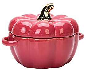 Zucca Zuppiera con Doppia Maniglia e Coperchio 400ML Ceramica Creativo Carino Stoviglie Microonde Forno Prima colazione Frutta Insalata Dolce Budino Cottura al forno (Rosso)