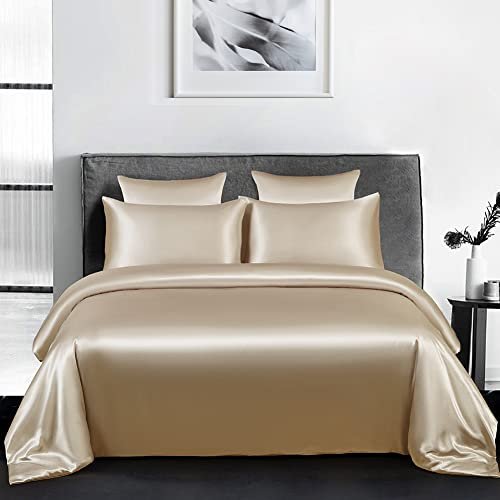 AShanlan Satin Bettwäsche 135x200 Taupe Glänzend Bettwäsche-Sets Glatt Angenehm Glanzsatin Seiden Bettbezug 135 x 200 + Kissenbezug 80x80 cm mit Reißverschluss