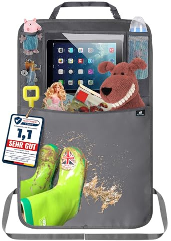Termichy Rückenlehnenschutz Auto kinder,Auto Organizer,Organizer Auto Rücksitz kinder, Wasserdichtes Plane Kick-Matten-Schutz für Autositz zurück mit große Aufbewahrungstasche (1 Stück,Grau)