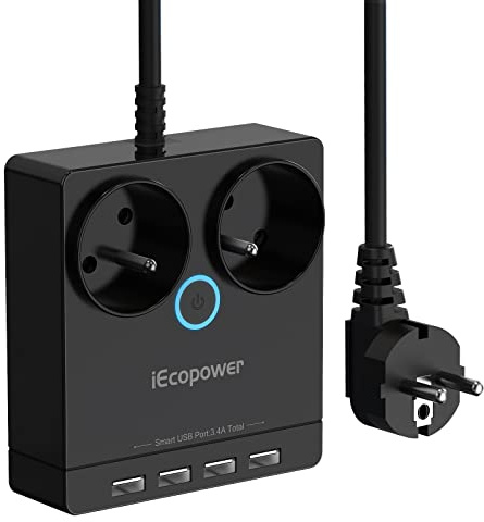 iEcopower grenuttag överspänningsskydd, 2-vägs grenuttag 2 300 W/10 A flera uttag med 4 USB 3,4 A smart grenuttag flera kontakter strömfördelare 1,5 m kabel svart