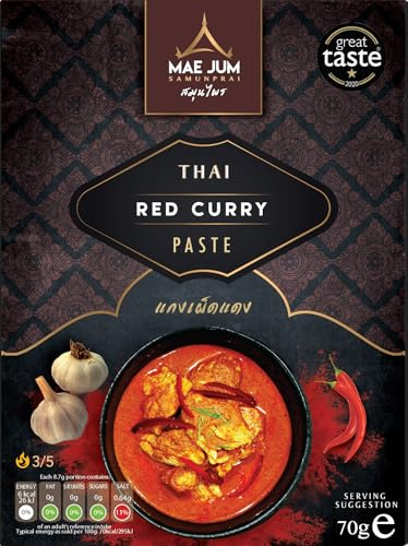 Authentic Thai Red Curry Paste by Mae Jum | 1 pack x 70g | Medium Spice | Great Taste Award Winner | Up to 8 Servings per Pack | 100% Natural | Vegan Paste | Gluten Free