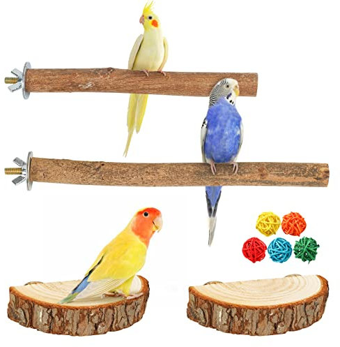 Reyshin 4 Stück Natur Sitzstangen Vögel, Wellensittich Sitzbrett Vogelspielplatz Knabberspielzeug Vogelzubehör mit 5 Rattenball für Nymphensittich Kanarienvogel Agaporniden (H02)