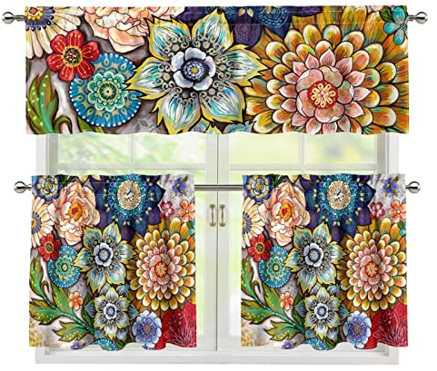 Dreaweet Boho Kitchen Tier Curtains and Valances - Mandala Floral Print Set, 24 Inch Length, 3 Panels, Blackout for Living Room and Bedroom
