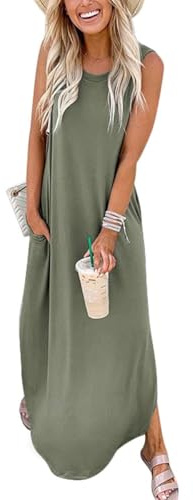 Cuptacc Sommerkleid Damen Ärmellos Strandkleid 2026 Damenkleider Sommer Lang Maxikleid mit Taschen Marine Grün,Mittel M 38-40