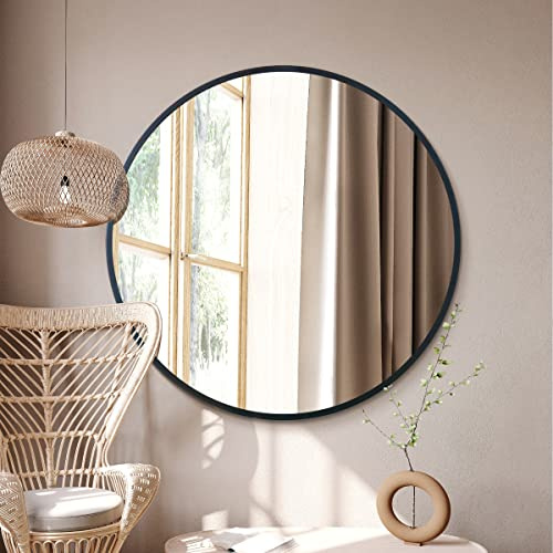 MirrorOutlet The Fenestra - Black edged Modern Round Circular Wall Mirror 39 X 39 (100CM X 100CM) Silver Mirror Glass with Black Metal Frame