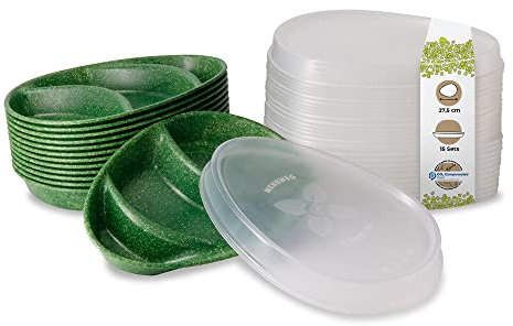 BIOZOYG Mehrweg Menü-Teller mit 3 Kammern 15er Pack tropfenförmig inkl. Deckel I Servierteller mit Fächern I Menüschalen 3 geteilt I Teller mit Unterteilung Creme-weiß 27,5x20x3,5cm