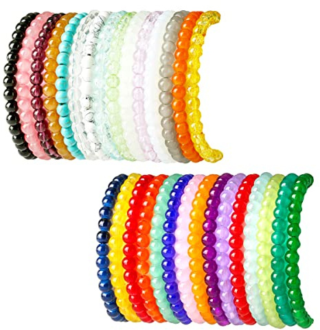 SROBENZ 30 PCS 6mm Crystal Round Beaded Bracelet Set Healing Glass Stretch Bracelets for Women Men Round Beads Elastic Bracelets