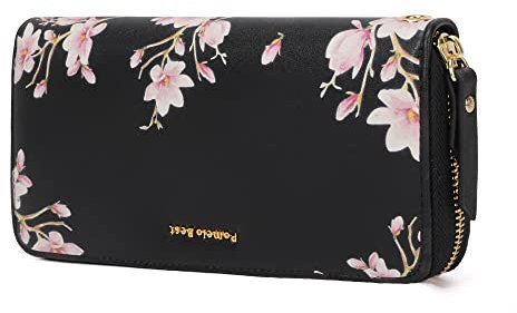 Pomelo Best Geldbörse Damen groß im Langformat Blumen Prägung Reißverschluss Portemonnaie mit RFID-Blockierung und vielen Fächern (Magnolie Schwarz)