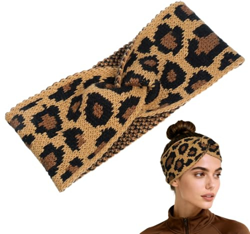 Lurrose Copricapo incrociato, fascia per capelli, scalda le orecchie, all'uncinetto, fascia turbante, fascia all'uncinetto, motivo leopardato, padiglione auricolare, parente-bambino
