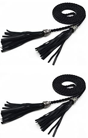 SHTGOI 2 Stück Damen Leder Dünner Taillengürtel Geflochtener Gürtel Einfarbig Quasten Kettengürtel mit Perlen Damengürtel Bindegürtel Dünne Taille Band für Rock Kleid 160cm Schwarz
