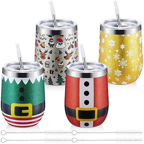Sliner 4 Stück Weihnachts-Glitzer-Weingläser, 340 ml, Edelstahl, Glitzerbecher mit Deckel, Strohhalm und Bürste, isoliert, doppelwandig, Reisebecher für Weihnachten, Geschenk, Freunde, Familie