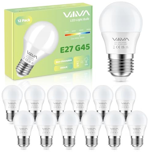 VIIIVA E27 LED Kaltweiss Glühbirne 5W-12er Pack，6000K Kaltweiß Lampe 450 Lumen, (Ersetzt 45W Halogenlampe), G45 Leuchtmittel, LED Energiesparlampe, 270° Abstrahlwinkel, Nicht Dimmbar(4.5 * 8.31 CM)
