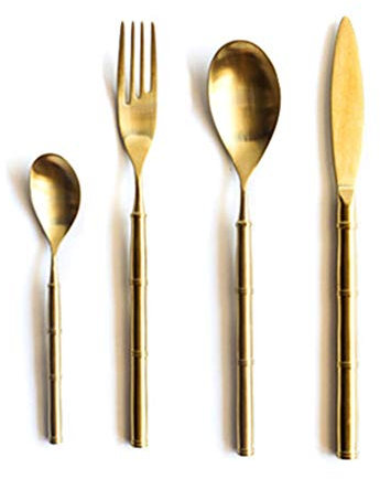 Cutlery Set Stainless Steel Brushed Tableware Flatware Include Knife,Fork,Spoon,Teaspoon,Plating Appearance Effect of Multi-Section Design,Gold (Gold)