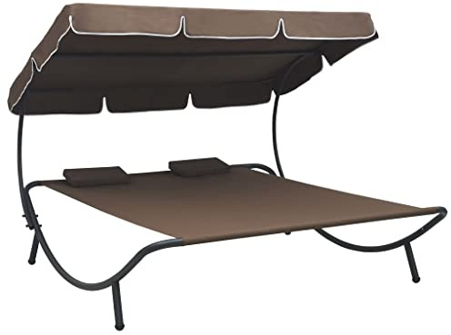 FENLAX Garten-Sonnenliege mit Sonnendach und Kissen Braun 200x173x135 cm Doppel-Sonnenliege Gartenbett Outdoor Poolliege Outdoor Gartenmöbel Liege Outdoor Gartenliege Liegesessel Outdoor