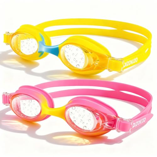 Dizokizo Lot de 2 Lunettes de Natation pour Enfants - Anti-Buée et Protection UV - Étanche - Vision Claire - Facile à régler - Unisexe - Adolescents - Garçons et filles de 3 à 16 ans (Rose +Jaune)