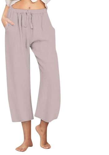 Uwdiohq Sale Angebote Baumwoll-Leinen-Hose für Frauen 2024 Sommer Kordelzug Taille Weites Bein Crop Pant Casual Loose Fit Strandhose Damen Sommer Locker 3/4 Hose Women's Le Meine Bestellungen Sale