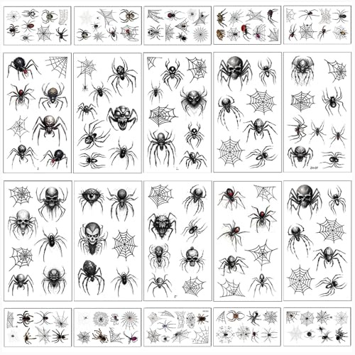 oeeo Spinnen Tattoo Gesicht - 20 Blätter Temporäre Schwarz Halloween Tattoos, Spinnenkostüm Damen, Tattoocrew, Gesichtstattoo Zubehör
