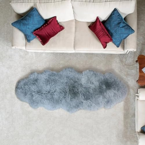 Woolous Schaffell Echt Teppich Groß 180x60 cm Natürliche Neuseeland Lammfell Doppelt, Extra Flauschig Weich Dickes Wollteppich Fellteppich für Schlafzimmer, Wohnzimmer (Silbergrau)