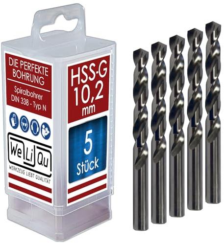 WELIQU 5 Stück HSS-G Spiralbohrer Ø 10,2 mm, geschliffene, selbstzentrierende Präzisionsbohrer für die Metallbearbeitung