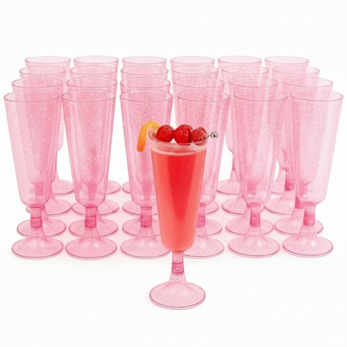 MATANA 100 Premium Pink Plastic Champagne Flutes with Glitters, 150ml - Reusable Toasting Glasses, Cocktail Prosecco Glasses for Weddings, Birthdays, Christmas, Bridal Showers, Themed Parties