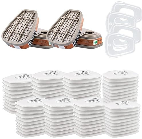 6001 Filtri per Respiratore in Carbone Attivo Abito, Con 60 Filtri in Cotone, 4 Filtri e 4 Tappi, Organic Vapor 6001 Cartucce Filtro Chimico - Protezione del Viso da Polveri e Verniciature